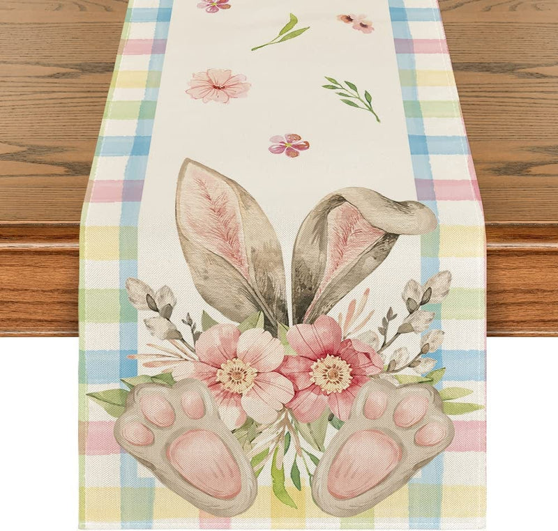 Artoid Mode Pink White Buffalo Plaid Bunny Ear Foot Flower Easter Table Runner, Seasonal Kitchen Dining Table Decoration for Home Party Decor 13X72 Inch Home & Garden > Decor > Seasonal & Holiday Decorations Artoid Mode Pink/Blue 13" x 72", Table Runner 