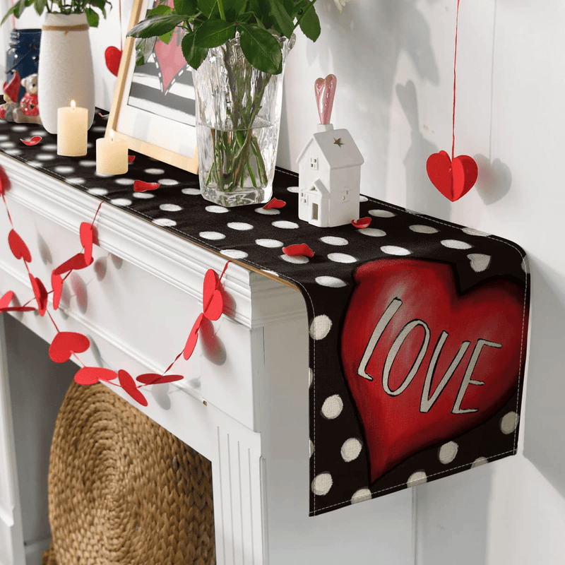 Artoid Mode Polka Dot Heart Love Valentine'S Day Table Runner, Seasonal Anniversary Holiday Kitchen Dining Table Decoration for Indoor Outdoor Home Party Decor 13 X 72 Inch Home & Garden > Decor > Seasonal & Holiday Decorations Artoid Mode   