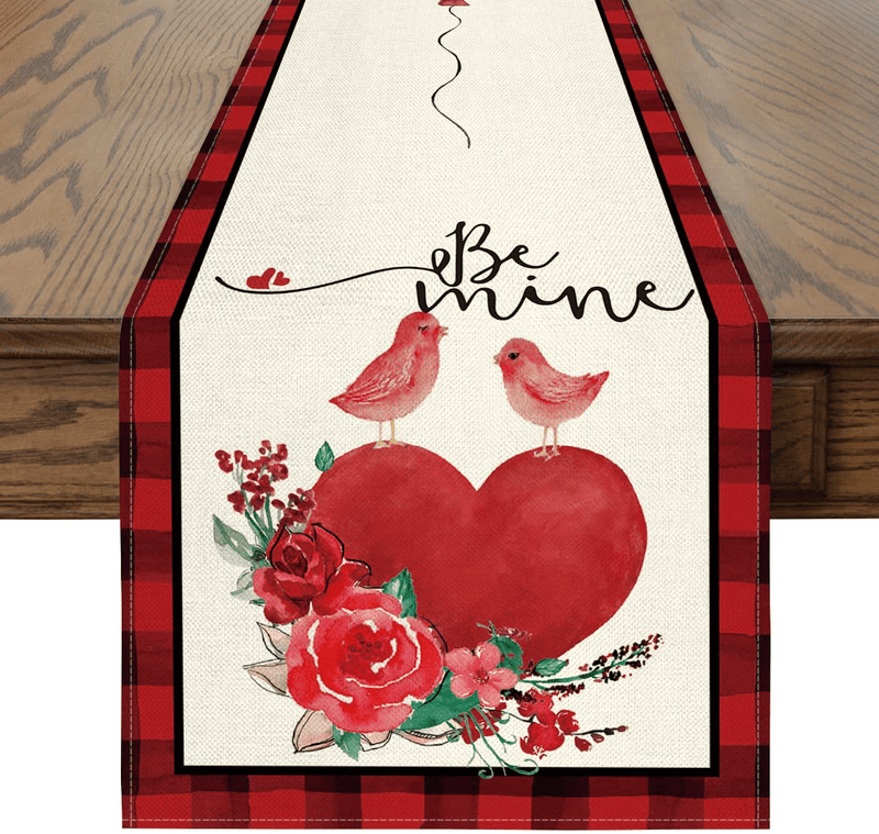 Artoid Mode Red Buffalo Plaid Be Mine Bird Heart Balloon Rose Valentine'S Day Table Runner, Seasonal Anniversary Wedding Holiday Kitchen Dining Table Decor for Indoor Outdoor Home Party 13 X 72 Inch Home & Garden > Decor > Seasonal & Holiday Decorations Artoid Mode   
