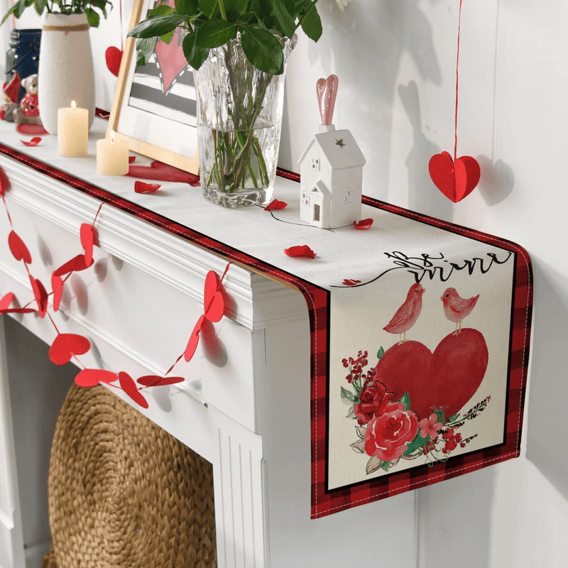 Artoid Mode Red Buffalo Plaid Be Mine Bird Heart Balloon Rose Valentine'S Day Table Runner, Seasonal Anniversary Wedding Holiday Kitchen Dining Table Decor for Indoor Outdoor Home Party 13 X 72 Inch Home & Garden > Decor > Seasonal & Holiday Decorations Artoid Mode   
