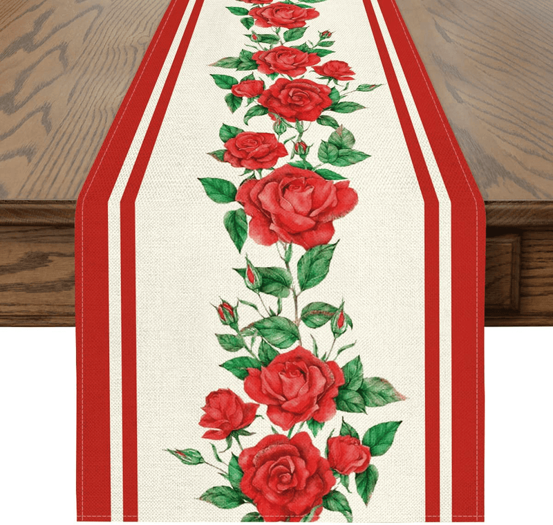 Artoid Mode Red Stripes Rose Flower Valentine'S Day Table Runner, Seasonal Anniversary Wedding Holiday Kitchen Dining Table Decoration for Indoor Outdoor Home Party Decor 13 X 72 Inch Home & Garden > Decor > Seasonal & Holiday Decorations Artoid Mode   