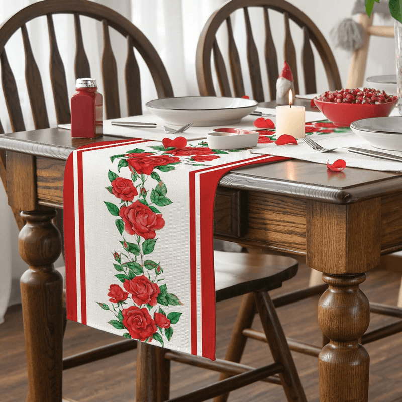 Artoid Mode Red Stripes Rose Flower Valentine'S Day Table Runner, Seasonal Anniversary Wedding Holiday Kitchen Dining Table Decoration for Indoor Outdoor Home Party Decor 13 X 72 Inch Home & Garden > Decor > Seasonal & Holiday Decorations Artoid Mode   