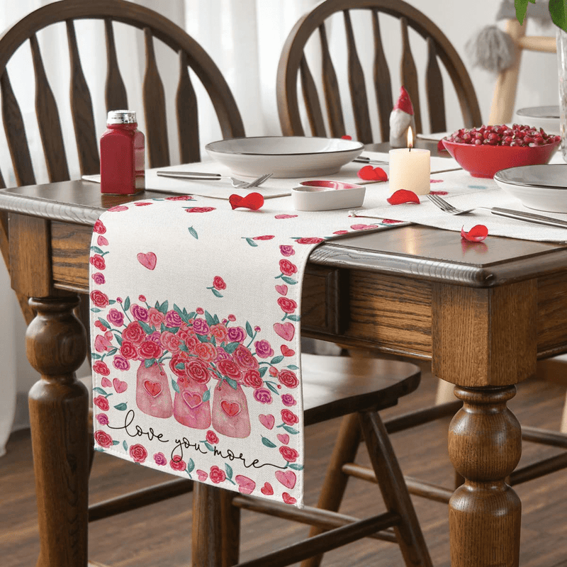 Artoid Mode Rose Vase Love You More Valentine'S Day Table Runner, Seasonal Anniversary Wedding Holiday Kitchen Dining Table Decoration for Indoor Outdoor Home Party Decor 13 X 72 Inch Home & Garden > Decor > Seasonal & Holiday Decorations Artoid Mode   