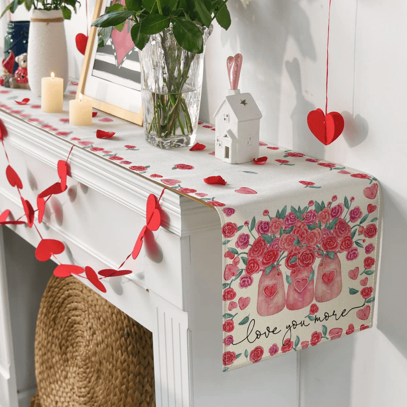 Artoid Mode Rose Vase Love You More Valentine'S Day Table Runner, Seasonal Anniversary Wedding Holiday Kitchen Dining Table Decoration for Indoor Outdoor Home Party Decor 13 X 72 Inch Home & Garden > Decor > Seasonal & Holiday Decorations Artoid Mode   