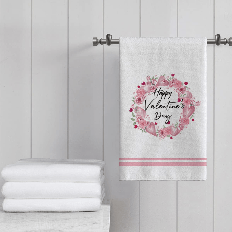 Artoid Mode Rose Wreath Elegant Happy Valentine'S Day Fingertip Towel, Soft & Absorbent Seasonal Household Hand Towel for Guests Gift Bathroom Kitchen Gym Hotel Decoration Set of 1, 16 X 28 Inch