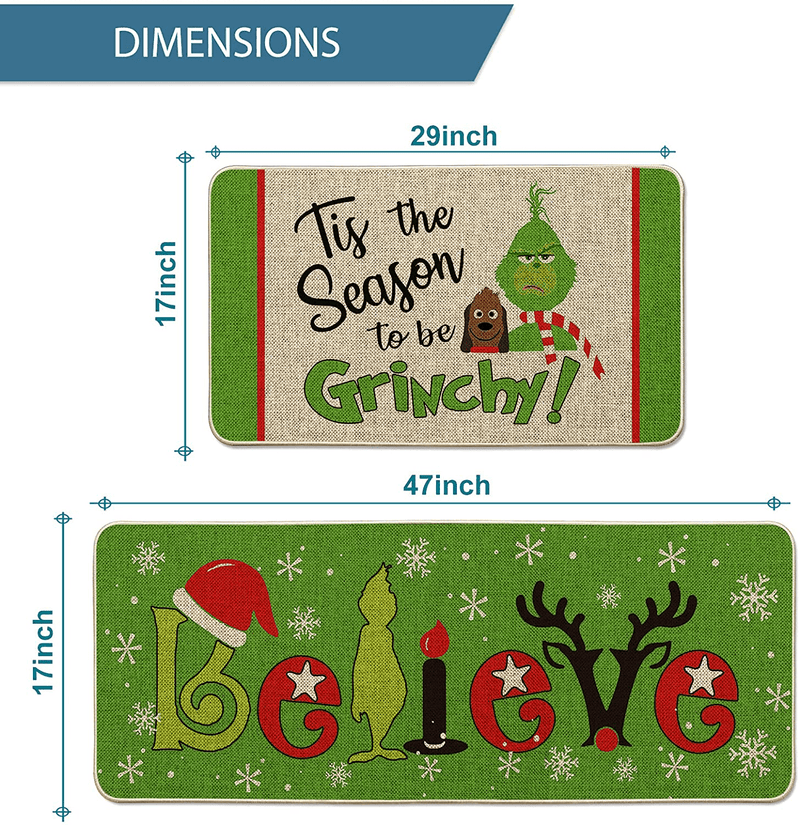 Artoid Mode Tis The Season to be Grinchy Kitchen Rugs Green Set of 2 , Believe Grinchmas Winter Low-Profile Floor Mat Merry Christmas Decorations for Home Kitchen - 17x29 and 17x47 Inch Home & Garden > Decor > Seasonal & Holiday Decorations& Garden > Decor > Seasonal & Holiday Decorations Artoid Mode   