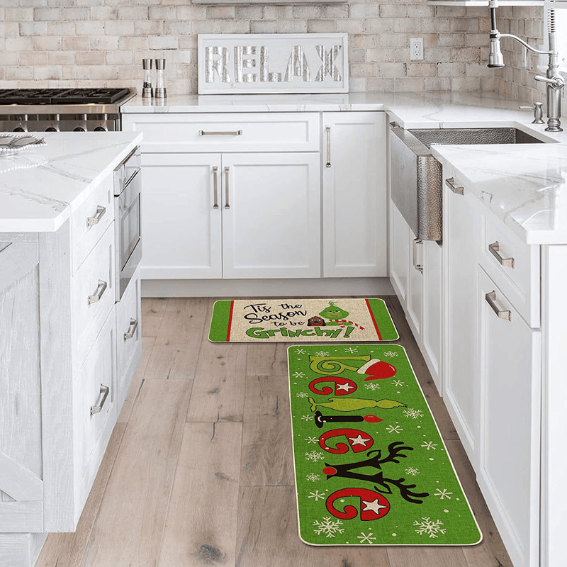 Artoid Mode Tis The Season to be Grinchy Kitchen Rugs Green Set of 2 , Believe Grinchmas Winter Low-Profile Floor Mat Merry Christmas Decorations for Home Kitchen - 17x29 and 17x47 Inch Home & Garden > Decor > Seasonal & Holiday Decorations& Garden > Decor > Seasonal & Holiday Decorations Artoid Mode   