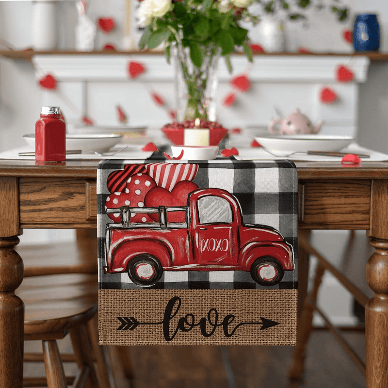 Artoid Mode Watercolor Buffalo Plaid Hearts Truck Love Valentine'S Day Table Runner, Seasonal Anniversary Wedding Holiday Kitchen Dining Table Decoration for Indoor Outdoor Home Decor 13 X 72 Inch Home & Garden > Decor > Seasonal & Holiday Decorations Artoid Mode   