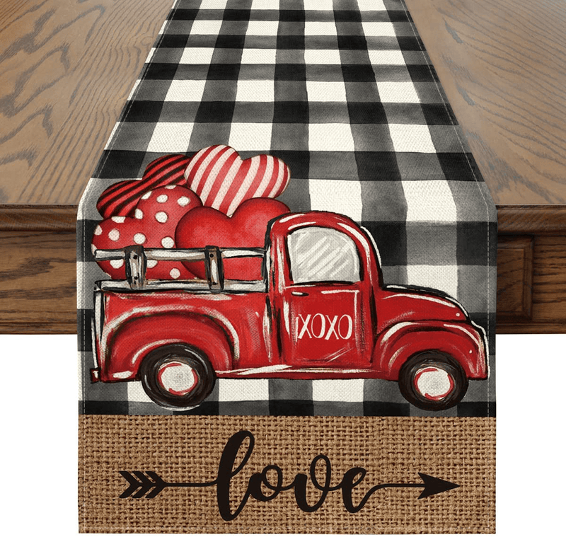 Artoid Mode Watercolor Buffalo Plaid Hearts Truck Love Valentine'S Day Table Runner, Seasonal Anniversary Wedding Holiday Kitchen Dining Table Decoration for Indoor Outdoor Home Decor 13 X 72 Inch Home & Garden > Decor > Seasonal & Holiday Decorations Artoid Mode Table Runner, 13" x 90"  