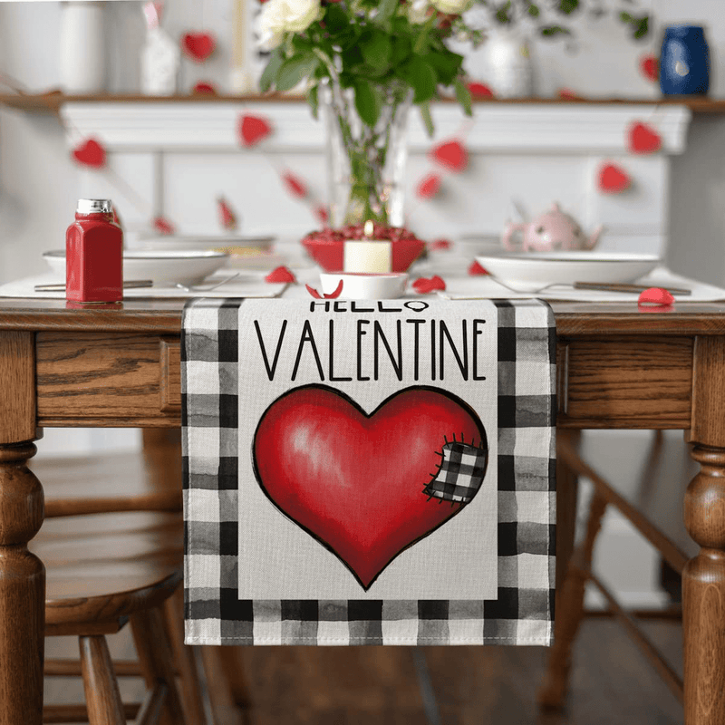 Artoid Mode Watercolor Buffalo Plaid Love Heart Hello Valentine'S Day Table Runner, Seasonal Anniversary Holiday Kitchen Dining Table Decoration for Indoor Outdoor Home Party Decor 13 X 72 Inch Home & Garden > Decor > Seasonal & Holiday Decorations Artoid Mode   