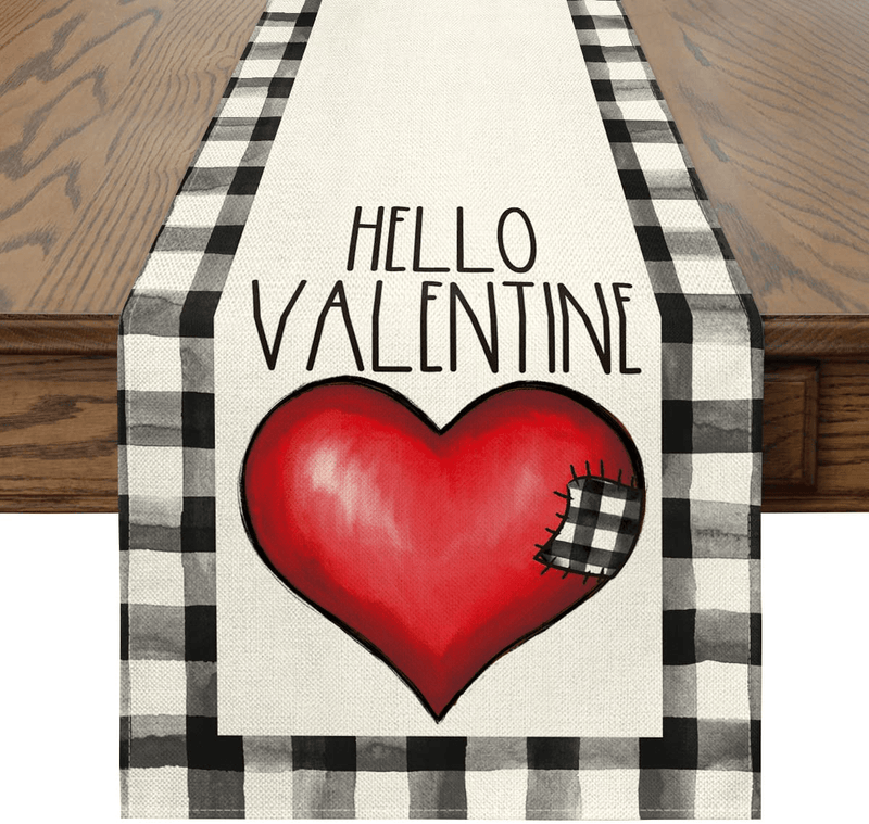 Artoid Mode Watercolor Buffalo Plaid Love Heart Hello Valentine'S Day Table Runner, Seasonal Anniversary Holiday Kitchen Dining Table Decoration for Indoor Outdoor Home Party Decor 13 X 72 Inch Home & Garden > Decor > Seasonal & Holiday Decorations Artoid Mode Table Runner, 13" x 108"  