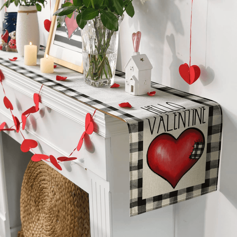 Artoid Mode Watercolor Buffalo Plaid Love Heart Hello Valentine'S Day Table Runner, Seasonal Anniversary Holiday Kitchen Dining Table Decoration for Indoor Outdoor Home Party Decor 13 X 72 Inch Home & Garden > Decor > Seasonal & Holiday Decorations Artoid Mode   