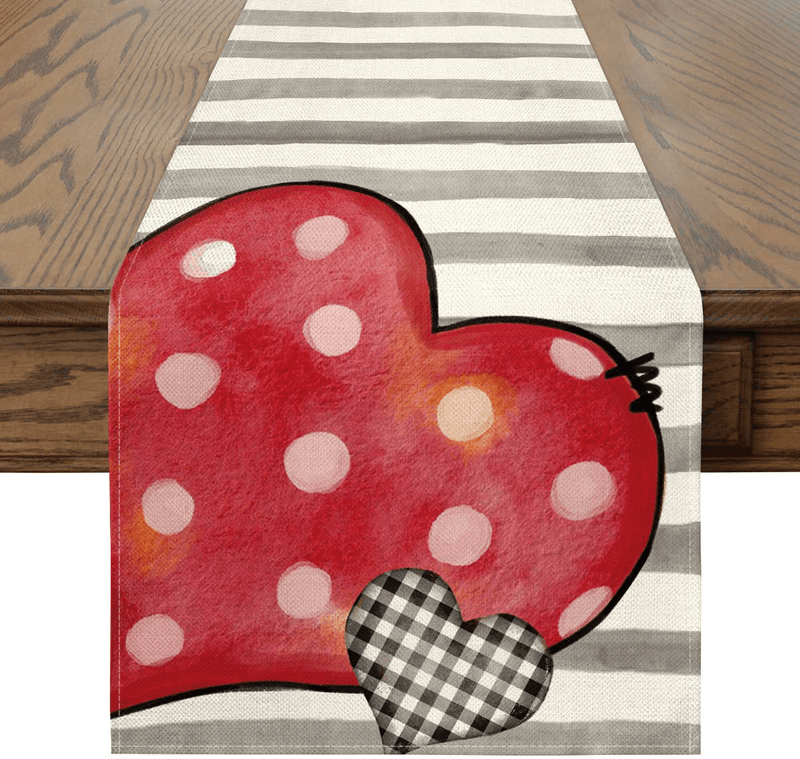 Artoid Mode Watercolor Buffalo Plaid Polka Dot Love Heart Valentine'S Day Table Runner, Seasonal Anniversary Holiday Kitchen Dining Table Decoration for Indoor Outdoor Home Party Decor 13 X 72 Inch Home & Garden > Decor > Seasonal & Holiday Decorations Artoid Mode   