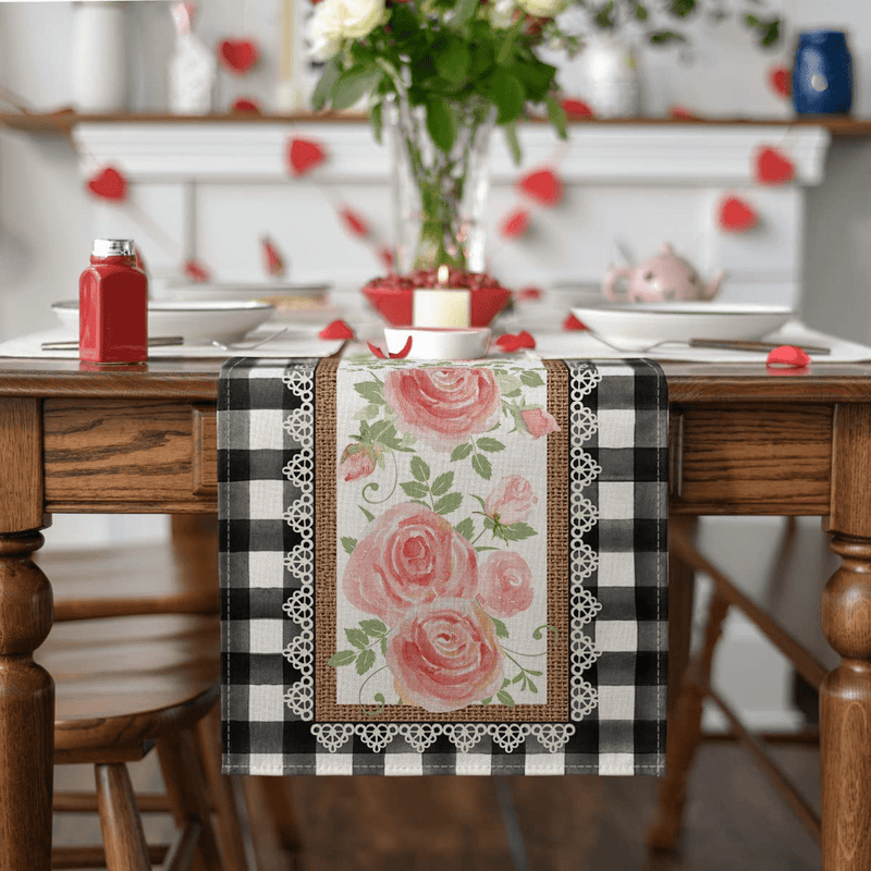 Artoid Mode Watercolor Buffalo Plaid Rose Lace Pattern Valentine'S Day Table Runner, Seasonal Anniversary Holiday Kitchen Dining Table Decoration for Indoor Outdoor Home Party Decor 13 X 72 Inch Home & Garden > Decor > Seasonal & Holiday Decorations Artoid Mode   