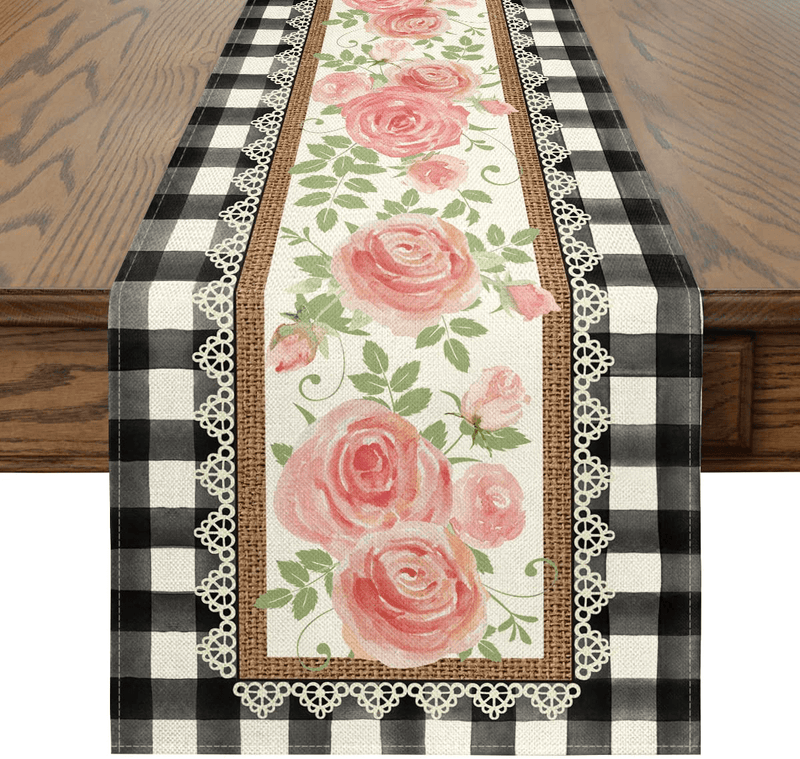 Artoid Mode Watercolor Buffalo Plaid Rose Lace Pattern Valentine'S Day Table Runner, Seasonal Anniversary Holiday Kitchen Dining Table Decoration for Indoor Outdoor Home Party Decor 13 X 72 Inch Home & Garden > Decor > Seasonal & Holiday Decorations Artoid Mode   