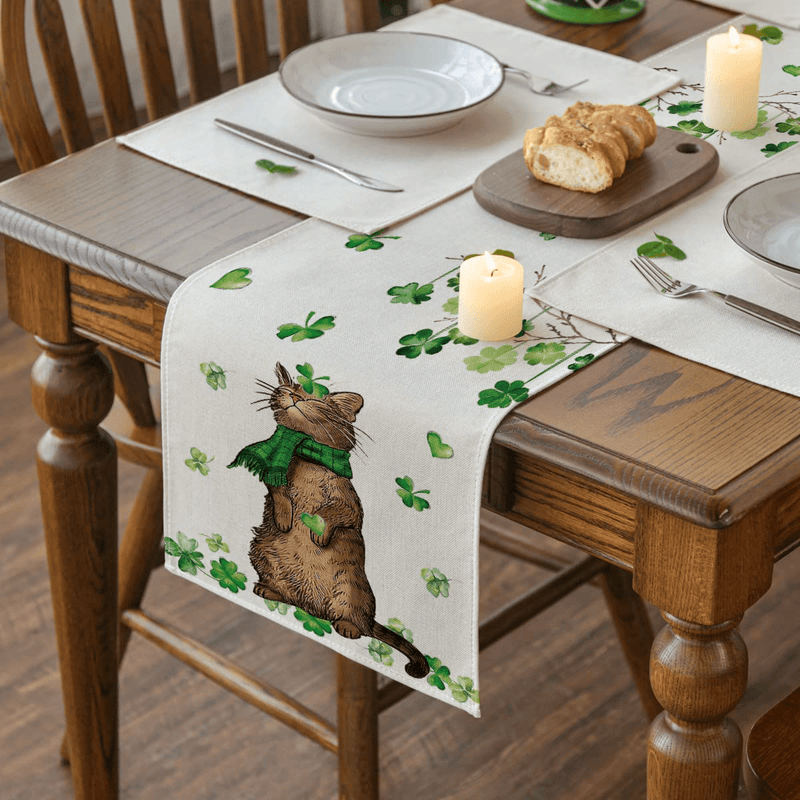Artoid Mode Watercolor Cat Green Heart Shamrock St. Patrick'S Day Table Runner, Seasonal Spring Holiday Kitchen Dining Table Decoration for Indoor Outdoor Home Party Decor 13 X 72 Inch Home & Garden > Decor > Seasonal & Holiday Decorations Artoid Mode   