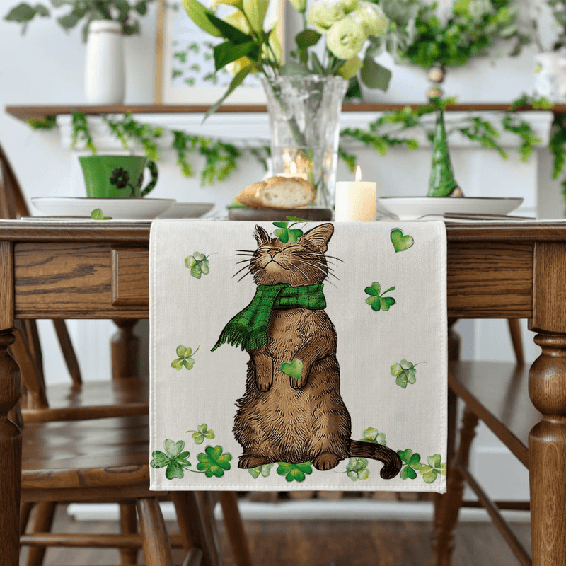 Artoid Mode Watercolor Cat Green Heart Shamrock St. Patrick'S Day Table Runner, Seasonal Spring Holiday Kitchen Dining Table Decoration for Indoor Outdoor Home Party Decor 13 X 72 Inch Home & Garden > Decor > Seasonal & Holiday Decorations Artoid Mode   