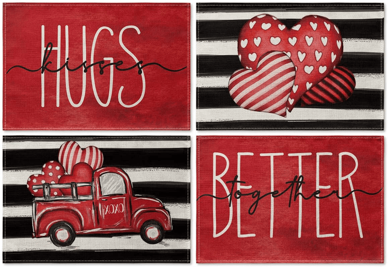 Artoid Mode Watercolor Hugs Kisses Truck Hearts Love Better Together Valentine'S Day Placemats for Dining Table, 12 X 18 Inch Seasonal Spring Holiday Rustic Vintage Washable Table Mats Set of 4 Home & Garden > Decor > Seasonal & Holiday Decorations Artoid Mode   