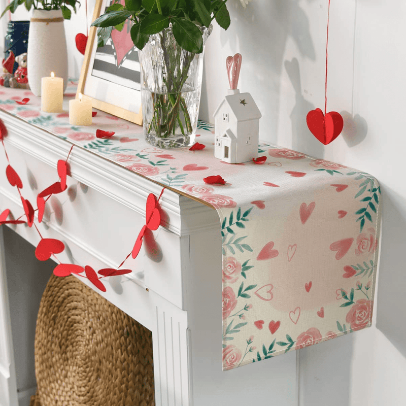 Artoid Mode Watercolor Rose Flower Heart Leaves Valentine'S Day Table Runner, Seasonal Anniversary Wedding Holiday Kitchen Dining Table Decoration for Indoor Outdoor Home Party Decor 13 X 72 Inch Home & Garden > Decor > Seasonal & Holiday Decorations Artoid Mode   