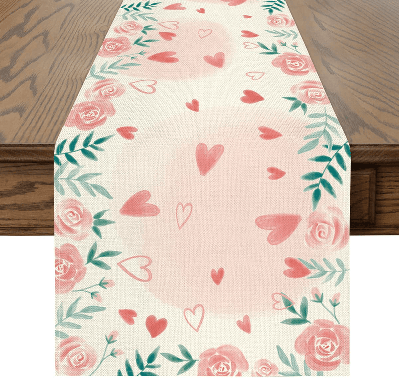 Artoid Mode Watercolor Rose Flower Heart Leaves Valentine'S Day Table Runner, Seasonal Anniversary Wedding Holiday Kitchen Dining Table Decoration for Indoor Outdoor Home Party Decor 13 X 72 Inch Home & Garden > Decor > Seasonal & Holiday Decorations Artoid Mode   