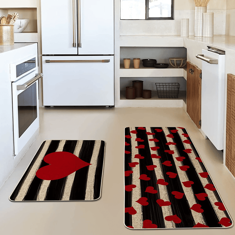 Artoid Mode Watercolor Stripes Love Heart Kitchen Mats Set of 2, Seasonal Valentine'S Day Anniversary Wedding Holiday Low-Profile Floor Mat for Home Kitchen - 17X29 and 17X47 Inch Home & Garden > Decor > Seasonal & Holiday Decorations Artoid Mode   
