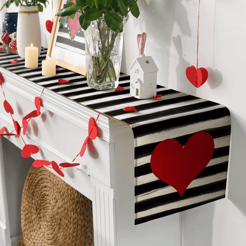Artoid Mode Watercolor Stripes Love Heart Table Runner, Seasonal Valentine'S Day Anniversary Wedding Holiday Kitchen Dining Table Runners for Home Party Decor Home & Garden > Decor > Seasonal & Holiday Decorations Artoid Mode   
