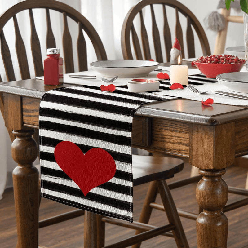 Artoid Mode Watercolor Stripes Love Heart Table Runner, Seasonal Valentine'S Day Anniversary Wedding Holiday Kitchen Dining Table Runners for Home Party Decor Home & Garden > Decor > Seasonal & Holiday Decorations Artoid Mode   