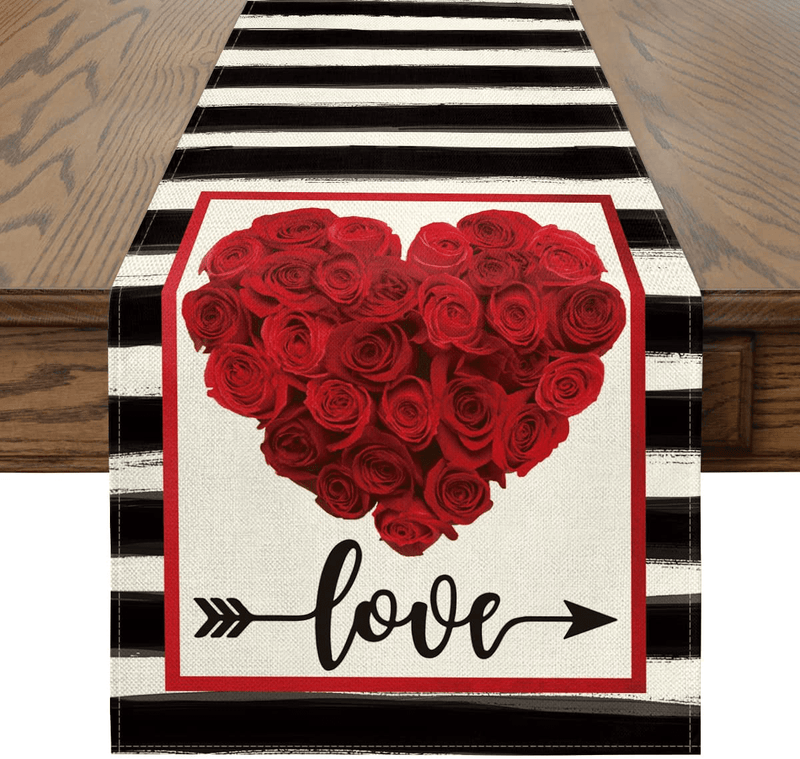 Artoid Mode Watercolor Stripes Red Rose Love Valentine'S Day Table Runner, Seasonal Anniversary Wedding Holiday Kitchen Dining Table Decoration for Indoor Outdoor Home Party Decor 13 X 72 Inch Home & Garden > Decor > Seasonal & Holiday Decorations Artoid Mode   