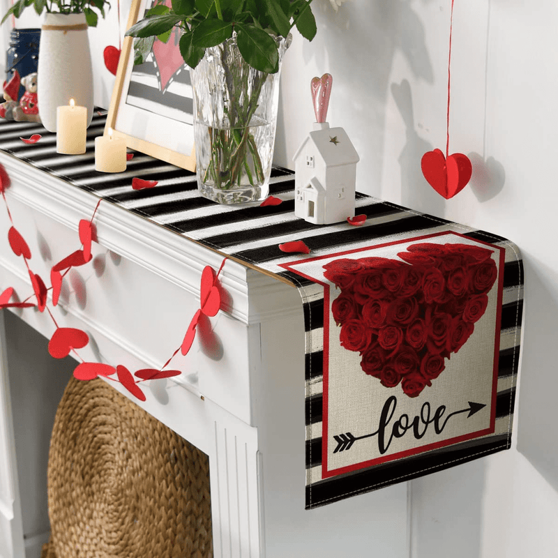 Artoid Mode Watercolor Stripes Red Rose Love Valentine'S Day Table Runner, Seasonal Anniversary Wedding Holiday Kitchen Dining Table Decoration for Indoor Outdoor Home Party Decor 13 X 72 Inch Home & Garden > Decor > Seasonal & Holiday Decorations Artoid Mode   