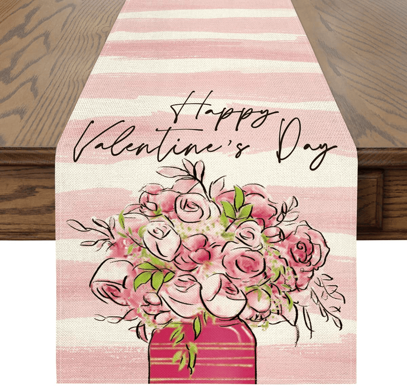 Artoid Mode Watercolor Stripes Roses Vase Happy Valentine'S Day Table Runner, Seasonal Anniversary Wedding Holiday Kitchen Dining Table Decoration for Indoor Outdoor Home Party Decor 13 X 72 Inch Home & Garden > Decor > Seasonal & Holiday Decorations Artoid Mode   