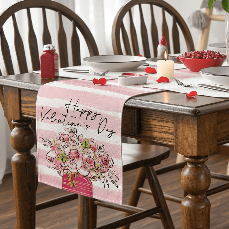 Artoid Mode Watercolor Stripes Roses Vase Happy Valentine'S Day Table Runner, Seasonal Anniversary Wedding Holiday Kitchen Dining Table Decoration for Indoor Outdoor Home Party Decor 13 X 72 Inch Home & Garden > Decor > Seasonal & Holiday Decorations Artoid Mode   