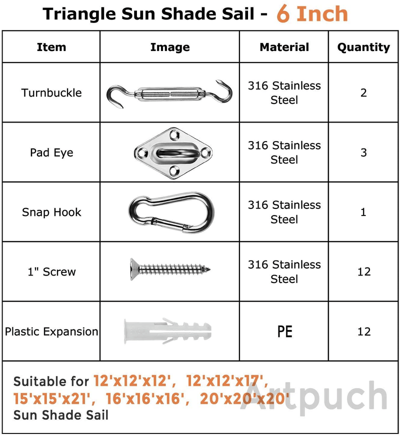 Artpuch Sun Shade Sail Hardware Kit for Triangle Sun Shade Sail Installation 304 Stainless Steel 6 Inches Silver