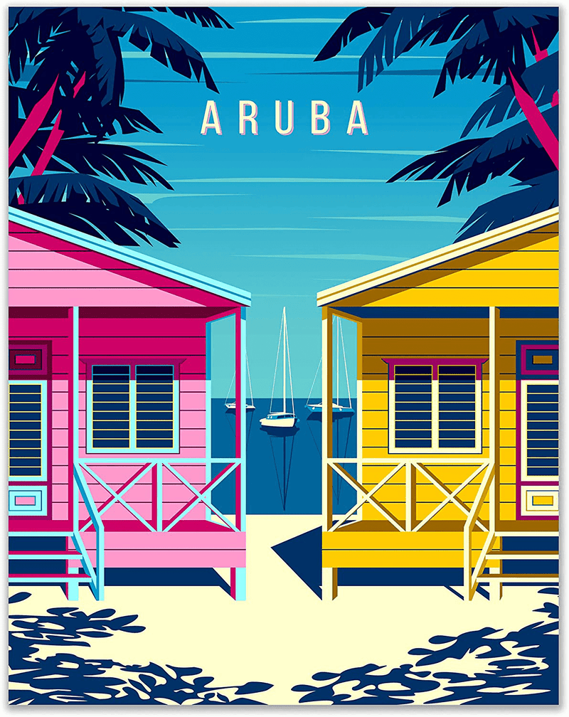 Aruba - Caribbean Beach Retro Travel Poster Print - Set of 1 - (11x14 Inches) Colorful Radiant Coastal Scenery Artwork for Home Decor Home & Garden > Decor > Artwork > Posters, Prints, & Visual Artwork Everyday Designs   