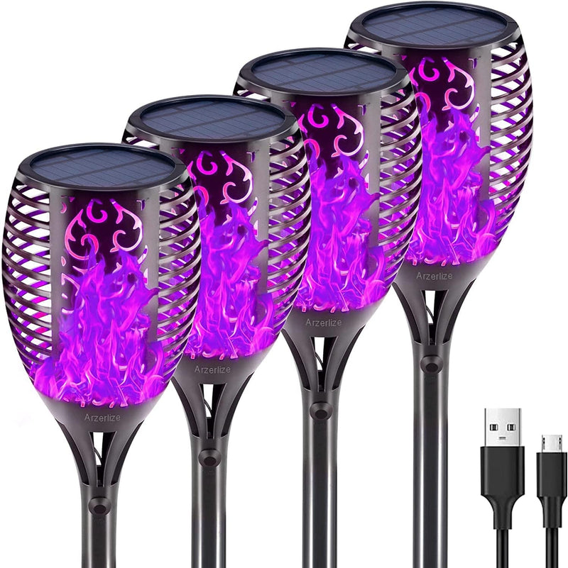 Arzerlize Christmas Solar Flame Torch Lights Outdoor 99 Leds , 43" Larger Solar Lights Usb & Solar Flame Torches Lamp Waterproof Flaming Garden Decorations Outdoor Yard Landscape Auto On/Off Purple 4P Home & Garden > Lighting > Lamps Arzerlize Purple 99LED-4Pack(USB) 