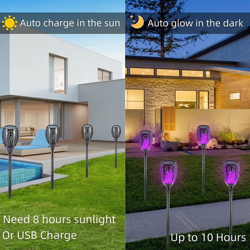 Arzerlize Christmas Solar Flame Torch Lights Outdoor 99 Leds , 43" Larger Solar Lights Usb & Solar Flame Torches Lamp Waterproof Flaming Garden Decorations Outdoor Yard Landscape Auto On/Off Purple 4P Home & Garden > Lighting > Lamps Arzerlize   