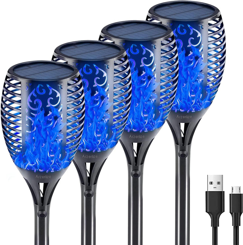 Arzerlize Christmas Solar Flame Torch Lights Outdoor 99 Leds , 43" Larger Solar Lights Usb & Solar Flame Torches Lamp Waterproof Flaming Garden Decorations Outdoor Yard Landscape Auto On/Off Purple 4P Home & Garden > Lighting > Lamps Arzerlize Blue 99LED-4Pack(USB) 