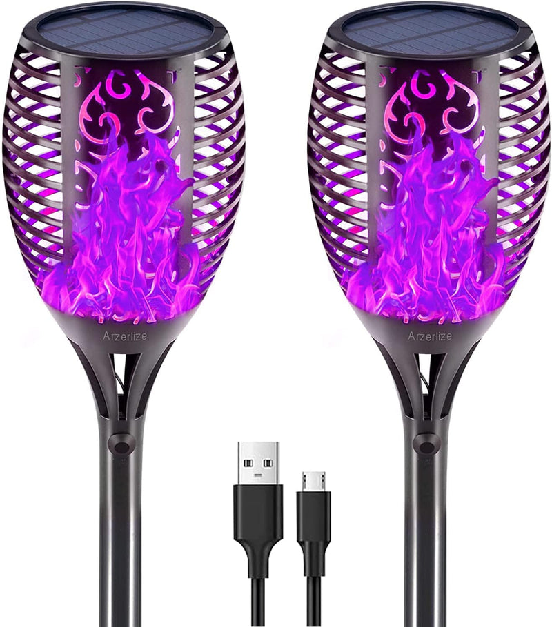 Arzerlize Christmas Solar Flame Torch Lights Outdoor 99 Leds , 43" Larger Solar Lights Usb & Solar Flame Torches Lamp Waterproof Flaming Garden Decorations Outdoor Yard Landscape Auto On/Off Purple 4P Home & Garden > Lighting > Lamps Arzerlize Purple 99LED-2Pack(USB) 