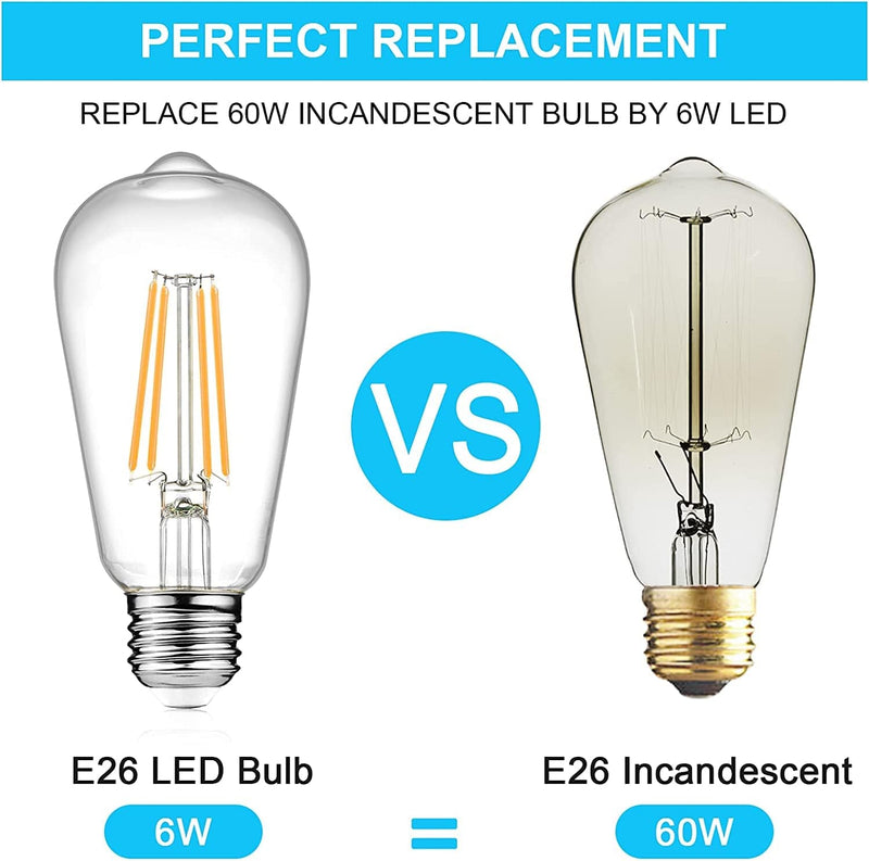 Ascher Vintage LED Edison Bulbs, 6W, Equivalent 60W, Non-Dimmable, High Brightness Warm White 2700K, ST58 Antique LED Filament Bulbs with 80+ CRI, E26 Medium Base, Clear Glass, Pack of 4
