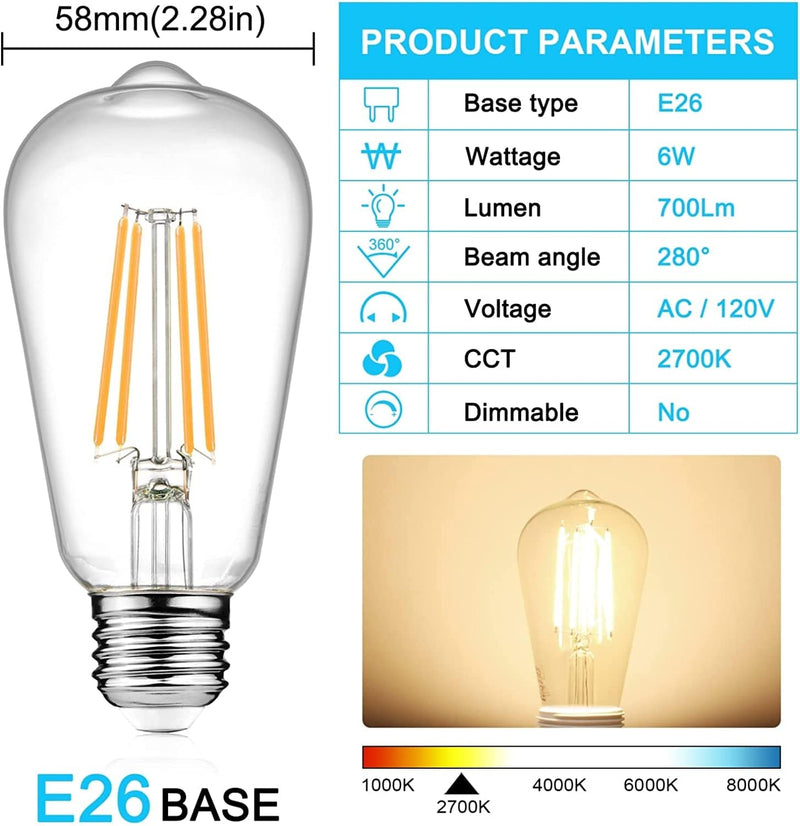 Ascher Vintage LED Edison Bulbs, 6W, Equivalent 60W, Non-Dimmable, High Brightness Warm White 2700K, ST58 Antique LED Filament Bulbs with 80+ CRI, E26 Medium Base, Clear Glass, Pack of 4 Home & Garden > Lighting > Light Ropes & Strings Ascher   