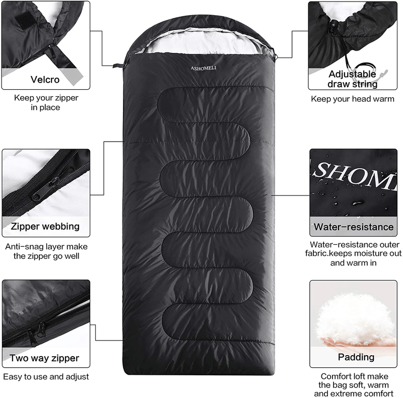 ASHOMELI Camping Sleeping Bags for Adults - 4 Season Warm & Cool Weather - Summer, Spring, Fall, Winter, Lightweight, Waterproof Sleeping Bag for Camping, Traveling, Indoors and Outdoors  ASHOMELI   