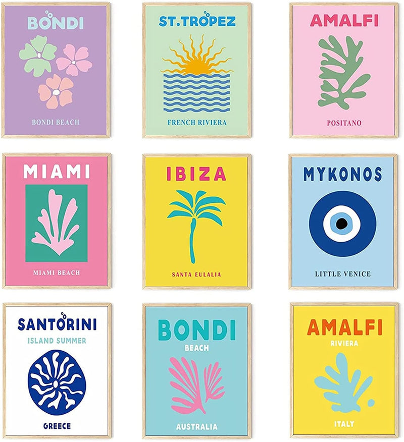 ASMANNA 9Pcs Preppy Travel Wall Art Prints Set of 9 Preppy Travel Posters for Room Aesthetic Destination Posters for Bedroom Colorful Wall Prints Trendy Travel Wall Art, Artwork Travel(Unframed, 8X10In) Home & Garden > Decor > Artwork > Posters, Prints, & Visual Artwork ASMANNA Travel-9 8x10 Unframed 
