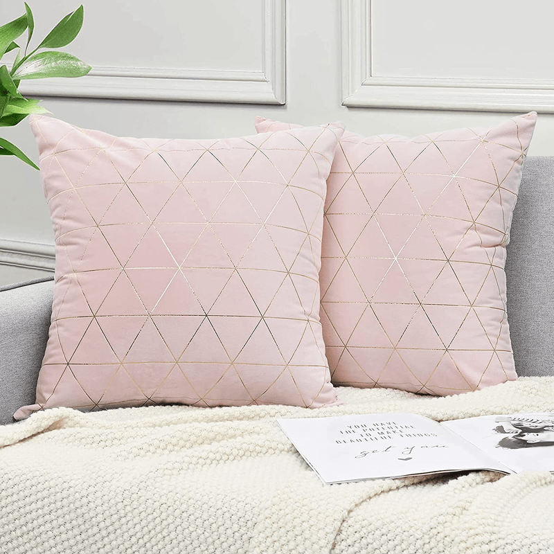ASPMIZ Pink Throw Pillow Covers, Gold Lines Decorative Pillowcase, Blush Soft Velvet Pillows Cushion Covers for Bed Bedroom Couch Sofa Car, Pack of 2, Square 18 X 18 Inch Home & Garden > Decor > Chair & Sofa Cushions ASPMIZ Blush Pink 18 x 18-Inch 