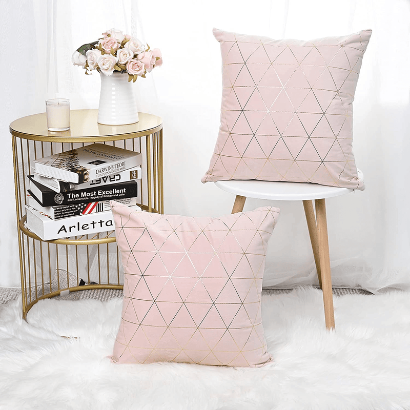 ASPMIZ Pink Throw Pillow Covers, Gold Lines Decorative Pillowcase, Blush Soft Velvet Pillows Cushion Covers for Bed Bedroom Couch Sofa Car, Pack of 2, Square 18 X 18 Inch Home & Garden > Decor > Chair & Sofa Cushions ASPMIZ   