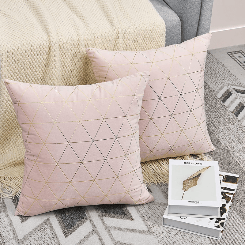 ASPMIZ Pink Throw Pillow Covers, Gold Lines Decorative Pillowcase, Blush Soft Velvet Pillows Cushion Covers for Bed Bedroom Couch Sofa Car, Pack of 2, Square 18 X 18 Inch Home & Garden > Decor > Chair & Sofa Cushions ASPMIZ   