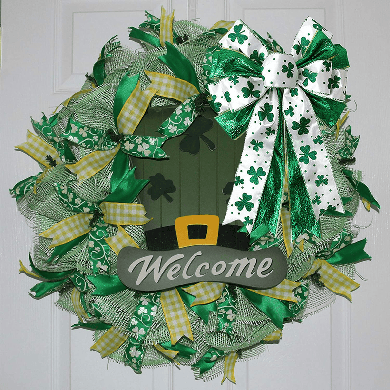 ASSUN St. Patrick'S Day Wreath Bow St. Patrick 'S Day Decorations Shamrock Clover Green Bow Wreath Bow Holiday Bows for Front Door Wreath Decorations Tree Topper Bow Irish Party Supplies Arts & Entertainment > Party & Celebration > Party Supplies ASSUN   