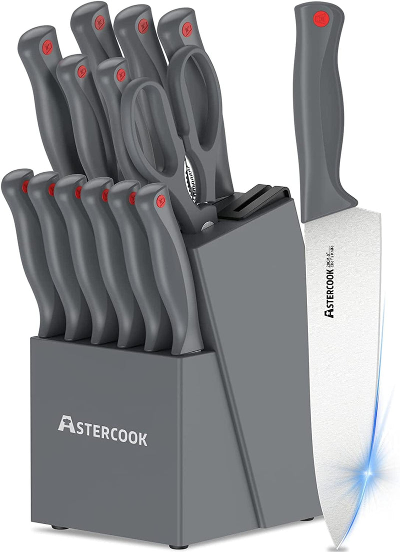 Astercook Knife Set with Built-In Sharpener Block, Dishwasher Safe Kitchen Knife Set with Block, 14 Pcs High Carbon Stainless Steel Block Knife Set with Self Sharpening and 6 Steak Knives, Black Home & Garden > Kitchen & Dining > Kitchen Tools & Utensils > Kitchen Knives Astercoook Gray  