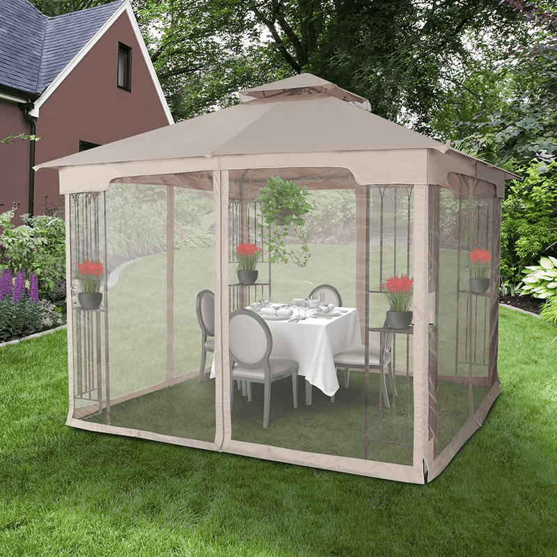 ASTEROUTDOOR 10x10 Outdoor Gazebo for Patios Canopy for Shade and Rain with Corner Shelves Soft Top Metal Frame with Mosquito Netting for Lawn, Backyard and Deck, 99% UV Rays Block, Khaki