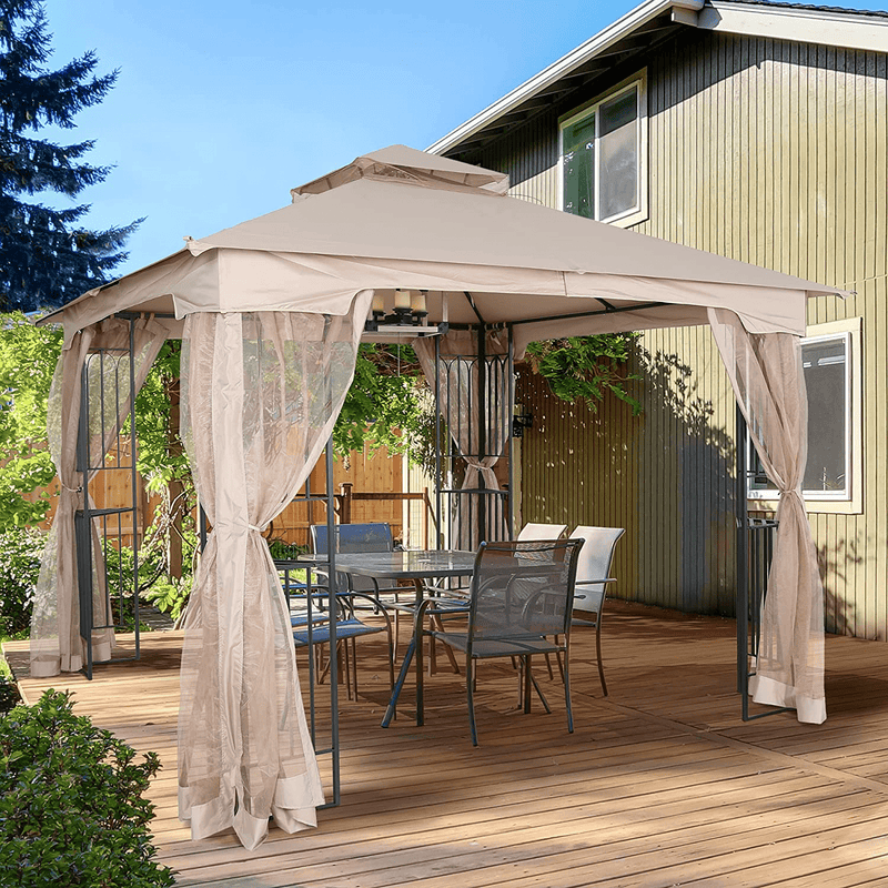 ASTEROUTDOOR 10x10 Outdoor Gazebo for Patios Canopy for Shade and Rain with Corner Shelves Soft Top Metal Frame with Mosquito Netting for Lawn, Backyard and Deck, 99% UV Rays Block, Khaki