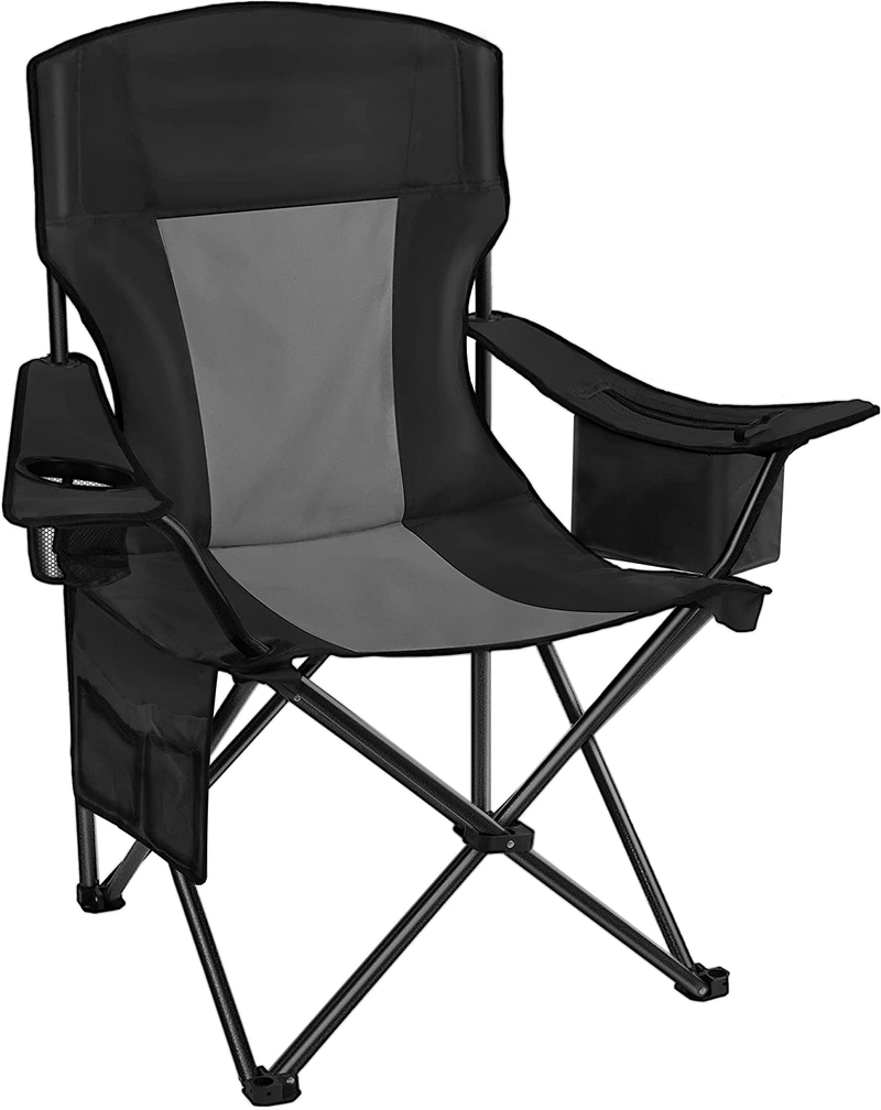 Asteroutdoor Camping Folding Chair Padded Quad Arm Chair with Large Cup Holders, Side Organizer & Back Pocket for Outdoor, Camp, Indoor, Patio, Fishing, Supports 350Lbs Sporting Goods > Outdoor Recreation > Camping & Hiking > Camp Furniture AsterOutdoor Black and Gray Cooler and Cup Holder 