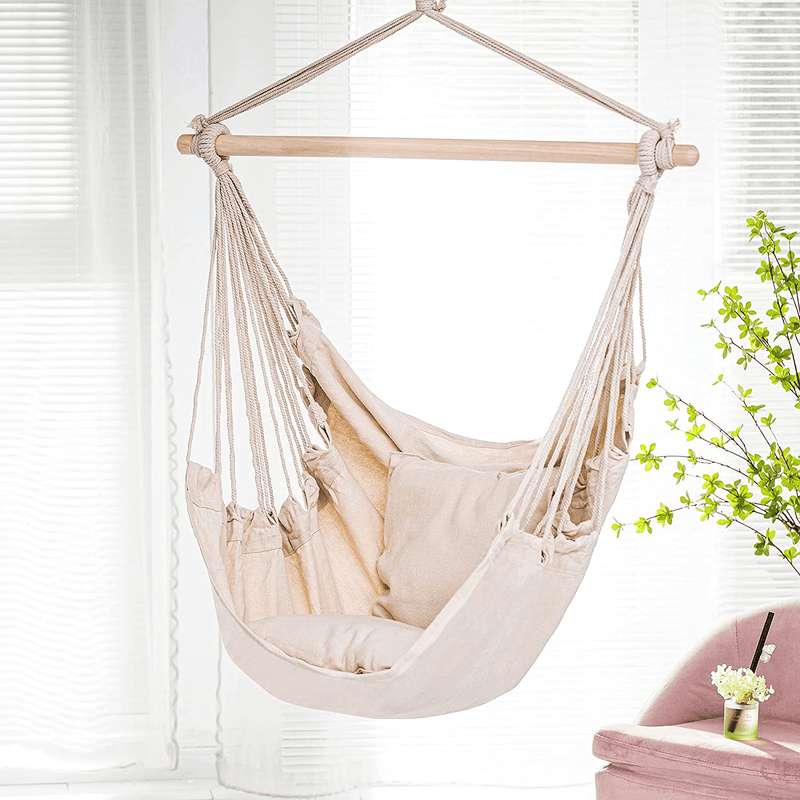 ASTEROUTDOOR Hammock Chair Hanging Rope Swing with 2 Cushions and Wood Spreader Bar for Indoor or Outdoor Use, Beige